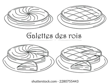 Galette des rois, epiphany king cake french vector icon. Drawing, illustration three kings cake with black lines.