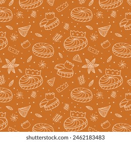 Galette des rois, French epiphany king cake seamless pattern. Vector background