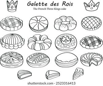 Galette des rois, the French epiphany three kings cake. Cake dessert black and white icon collection. Vector illustration, coloring page for kids.