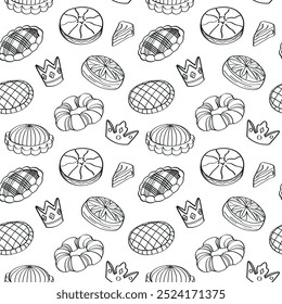 Galette des rois, French Epiphany king cake seamless pattern vector background.