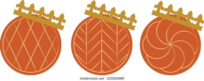 Galette des rois french king cake with crown logo.
Vector icons for epiphany day with colors.