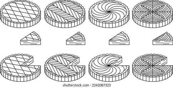 Galette des rois traditional french epiphany cake. Vector icon set with black outline and isometric 3d style.	