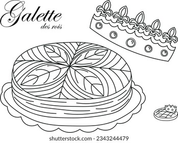 Galette des rois traditional french epiphany cake with crown and bean. Vector illustration in black line hand drawn design. Coloring page for kids.