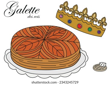 Galette des rois traditional french epiphany cake with crown and bean. Colorful vector illustration in black line hand drawn design. Coloring page for kids.