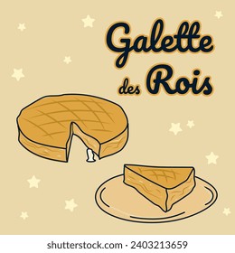 Galette des rois, traditional French epiphany cake. Vector illustration with colors and brush strokes. Piece of pie.