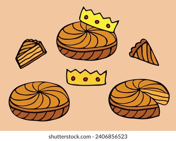 Galette des rois traditional french epiphany cake. Vector icon set with black outline in doodle style colored drawing	
