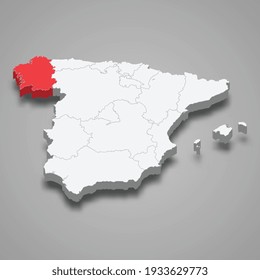 Galicia region location within Spain 3d isometric map