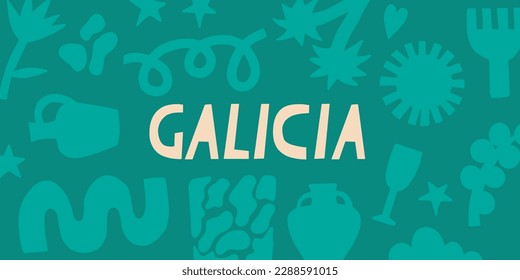 Región de Galicia, España. Inscripción en español. Fondo floral abstracto. Banner vectorial para diseño, impresión, pegatinas.