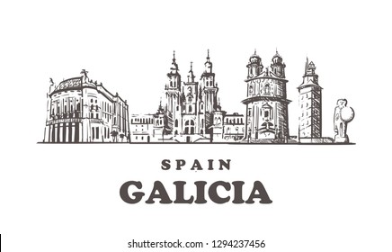 Galicia sketch skyline. Galicia, Spain hand drawn vector illustration. Isolated on white background.