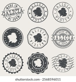 Galicia, Spain Set of Stamps. Country Travel Marks. Made In Product. Design Seals Old Style Insignia.