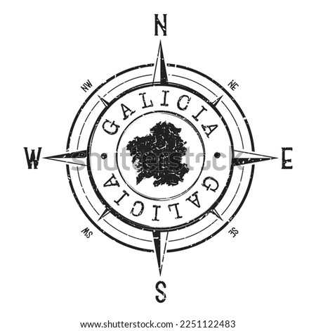 Galicia, Spain Stamp Map Compass Adventure. Illustration Travel Country Symbol. Seal Expedition Wind Rose Icon.
