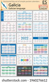 Galician horizontal Big set of pocket calendars for 2022 (two thousand twenty two). Week starts Sunday. New year. Color simple design. Vector