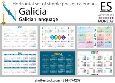 Galician horizontal pocket calendar for 2023 (two thousand twenty three). Week starts Monday. New year. Color simple design. Vector