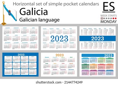 Galician horizontal pocket calendar for 2023 (two thousand twenty three). Week starts Monday. New year. Color simple design. Vector