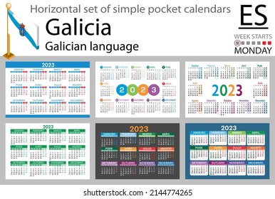 Galician horizontal pocket calendar for 2023 (two thousand twenty three). Week starts Monday. New year. Color simple design. Vector