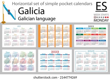 Galician horizontal pocket calendar for 2023 (two thousand twenty three). Week starts Monday. New year. Color simple design. Vector