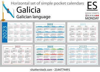 Galician horizontal pocket calendar for 2023 (two thousand twenty three). Week starts Monday. New year. Color simple design. Vector