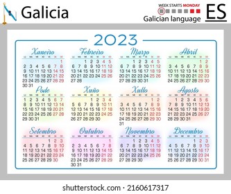 Galician horizontal pocket calendar for 2023 (two thousand twenty three). Week starts Monday. New year. Color simple design. Vector