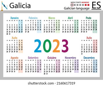 Galician horizontal pocket calendar for 2023 (two thousand twenty three). Week starts Monday. New year. Color simple design. Vector