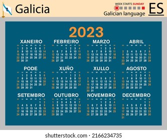 Galician horizontal pocket calendar for 2023 (two thousand twenty three). Week starts Sunday. New year. Color simple design. Vector