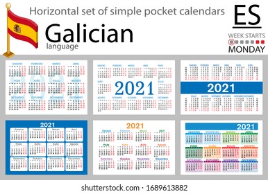 Galician horizontal set of pocket calendars for 2021 (two thousand twenty one). Week starts Monday. New year. Color simple design. Vector