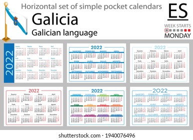 Galician horizontal set of pocket calendars for 2022 (two thousand twenty two). Week starts Monday. New year. Color simple design. Vector