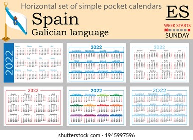 Galician horizontal set of pocket calendars for 2022 (two thousand twenty two). Week starts Sunday. New year. Color simple design. Vector
