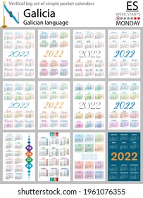 Galician vertical Big set of pocket calendars for 2022 (two thousand twenty two). Week starts Monday. New year. Color simple design. Vector