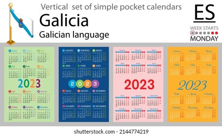 Galician vertical pocket calendar for 2023 (two thousand twenty three). Week starts Monday. New year. Color simple design. Vector