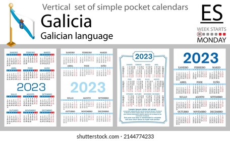 Galician vertical pocket calendar for 2023 (two thousand twenty three). Week starts Monday. New year. Color simple design. Vector