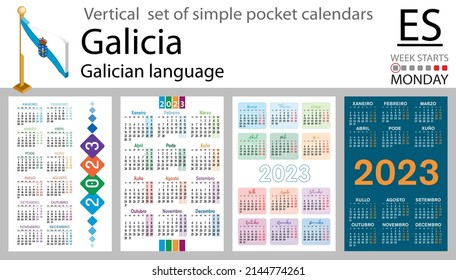 Galician vertical pocket calendar for 2023 (two thousand twenty three). Week starts Monday. New year. Color simple design. Vector