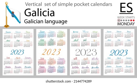 Galician vertical pocket calendar for 2023 (two thousand twenty three). Week starts Monday. New year. Color simple design. Vector