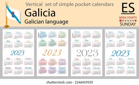 Galician vertical pocket calendar for 2023 (two thousand twenty three). Week starts Sunday. New year. Color simple design. Vector