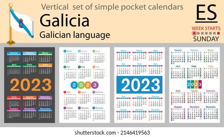 Galician vertical pocket calendar for 2023 (two thousand twenty three). Week starts Sunday. New year. Color simple design. Vector