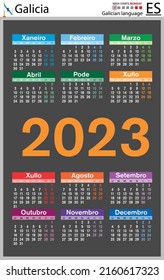 Galician vertical pocket calendar for 2023 (two thousand twenty three). Week starts Monday. New year. Color simple design. Vector