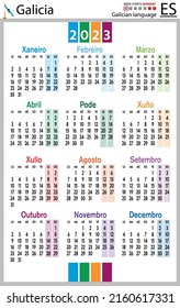 Galician vertical pocket calendar for 2023 (two thousand twenty three). Week starts Monday. New year. Color simple design. Vector