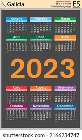 Galician vertical pocket calendar for 2023 (two thousand twenty three). Week starts Sunday. New year. Color simple design. Vector