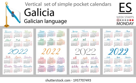 Galician vertical set of pocket calendars for 2022 (two thousand twenty two). Week starts Monday. New year. Color simple design. Vector