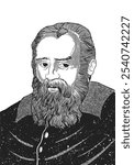 Galileo Galilei 1564-1642 face drawing. Hand-drawn engraving of Italian astronomer known for heliocentrism theory. Vector black and white historical illustration.