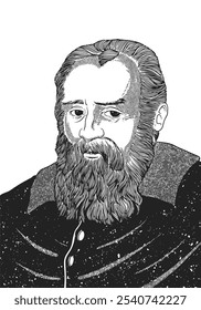 Galileo Galilei 1564-1642 face drawing. Hand-drawn engraving of Italian astronomer known for heliocentrism theory. Vector black and white historical illustration.