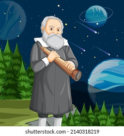 Galileo Galilei cartoon character holding telescope illustration