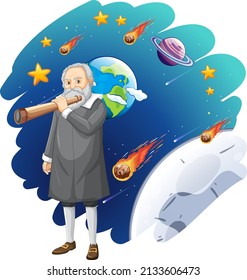 Galileo Galilei cartoon character on space backgeound illustration