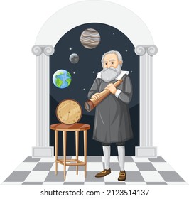 Caráter de dibujos animados Galileo Galilei sobre la ilustración de fondo blanco