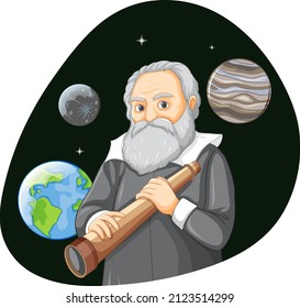 Caráter de dibujos animados Galileo Galilei sobre la ilustración de fondo blanco