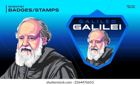 Galileo Galilei Scientist Badges and Stamps-Illustrated Vector Design for Educational and Collectible Artwork