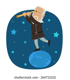 Galileo Galilei- Galileo is standing on earth looking in his telescope at the stars. Eps10