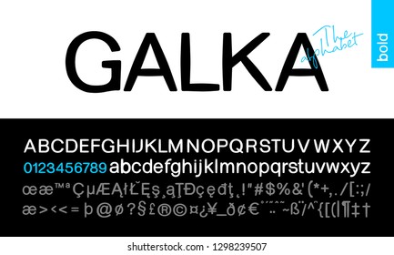 Galka Bold Sans Serif Font. Stylized modern alphabet for branding projects, homeware design, packaging; magazines, posters; flyers titles; logos; books; fashion design; slogans; invitations.Vector