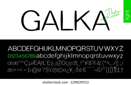 Galka Light Sans Serif Font. Stylized modern alphabet for branding projects, homeware design, packaging; magazines, posters; flyers titles; logos; books; fashion design; slogans; invitations.
Vector