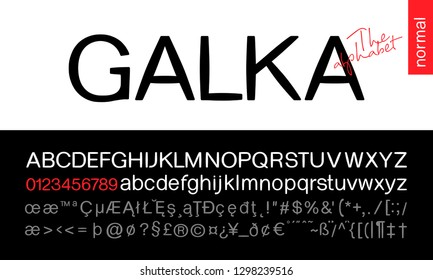 Galka Normal Sans Serif Font. Stylized modern alphabet for branding projects, homeware design, packaging; magazines, posters; flyers titles; logos; books; fashion design; slogans; invitations.
Vector
