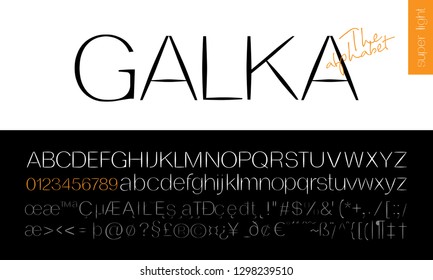 Galka Super Light Sans Serif Font. Stylized modern alphabet for branding projects, homeware design, packaging; magazines, posters; flyers titles; logos; books; fashion design; invitations.
Vector